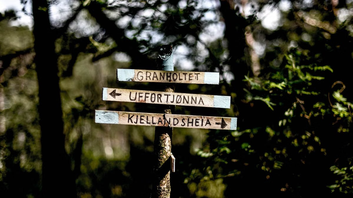 Wooden signpost with Norwegian names in a lush forest setting.